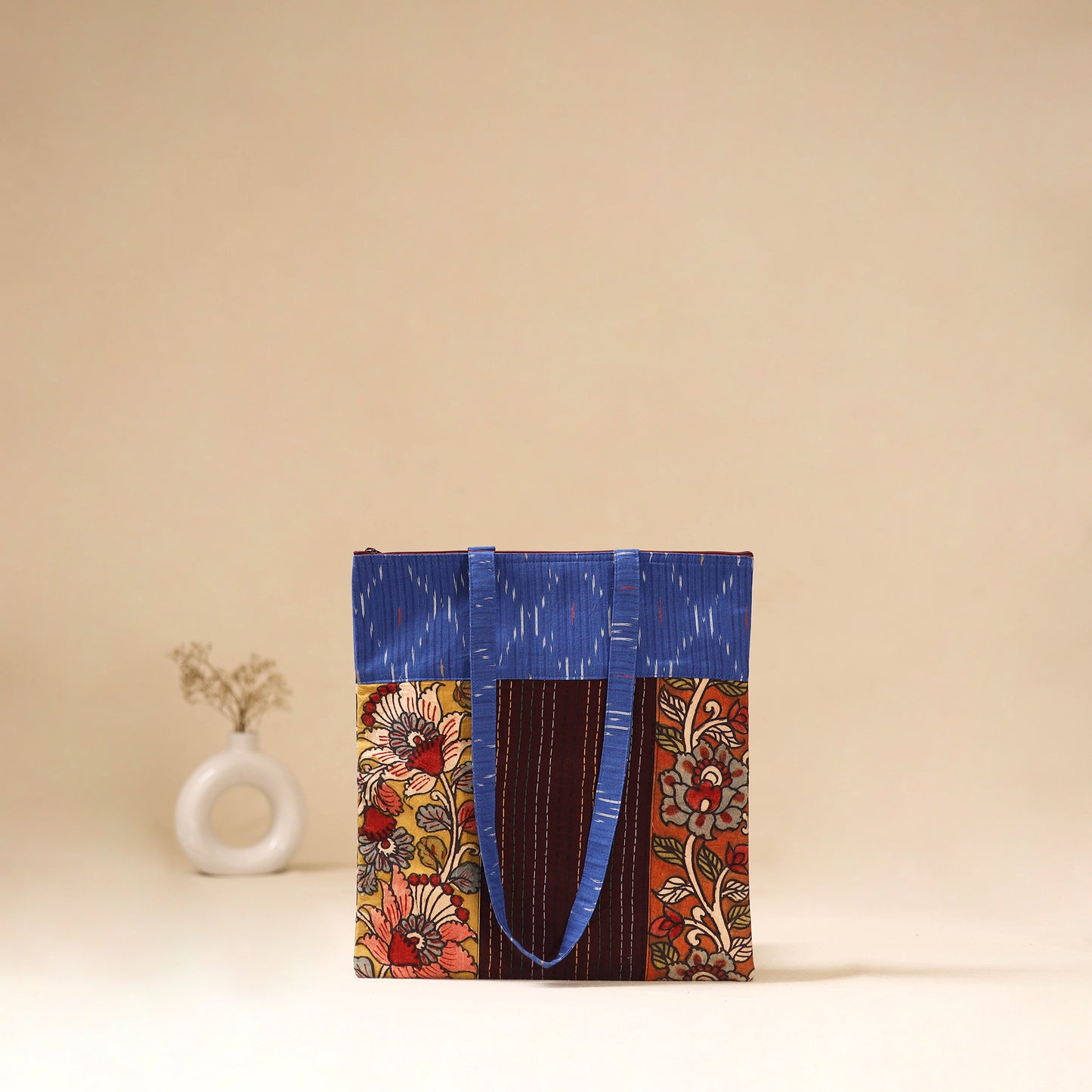 Srikalahasti Handpainted Kalamkari Ikat Patch Shoulder Bag by Dwarka Plus 49
