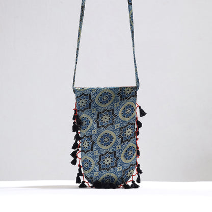 Blue - Kutch Leather & Mashru Silk Sling Bag with Tassels 34
