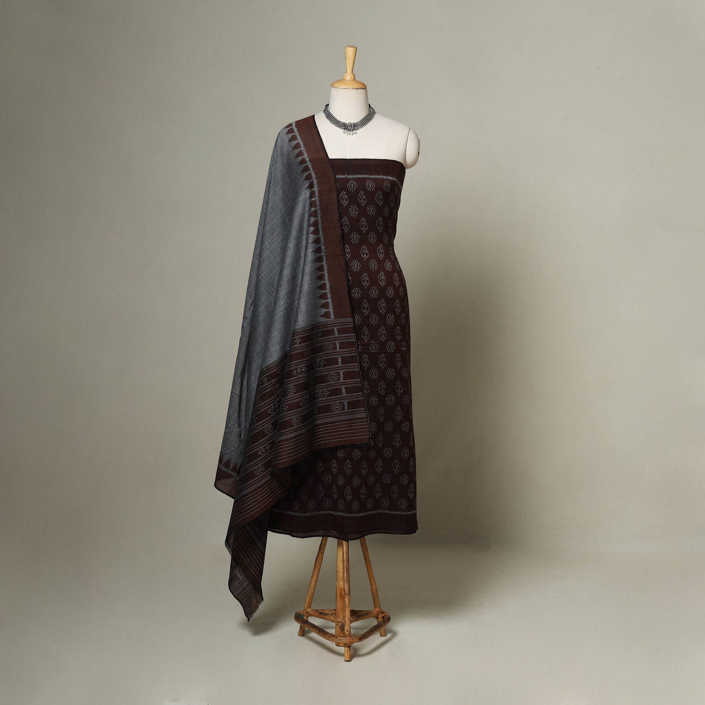 Brown - 3pc handloom cotton unstitched sambalpuri dress