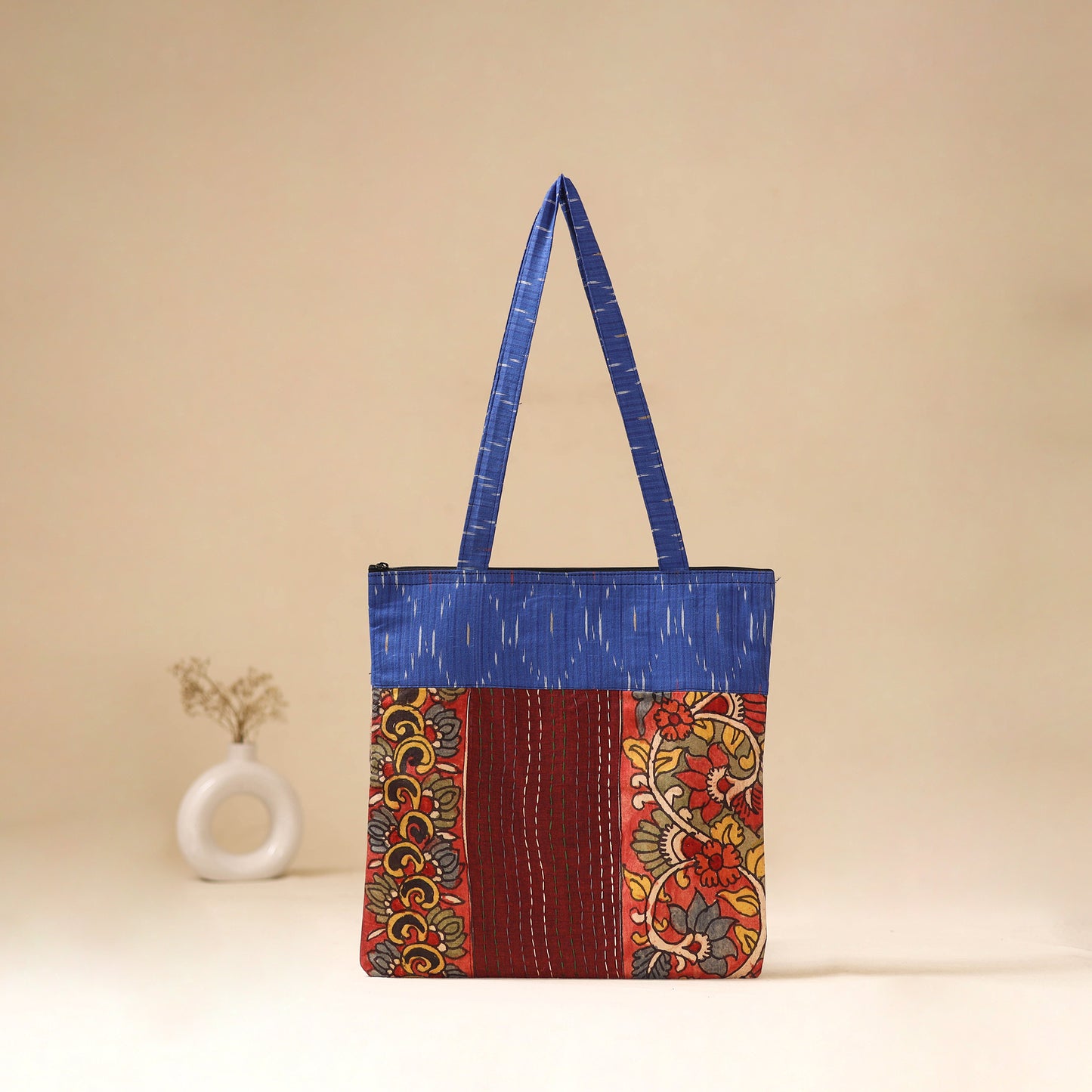 Srikalahasti Handpainted Kalamkari Ikat Patch Shoulder Bag by Dwarka Plus 50