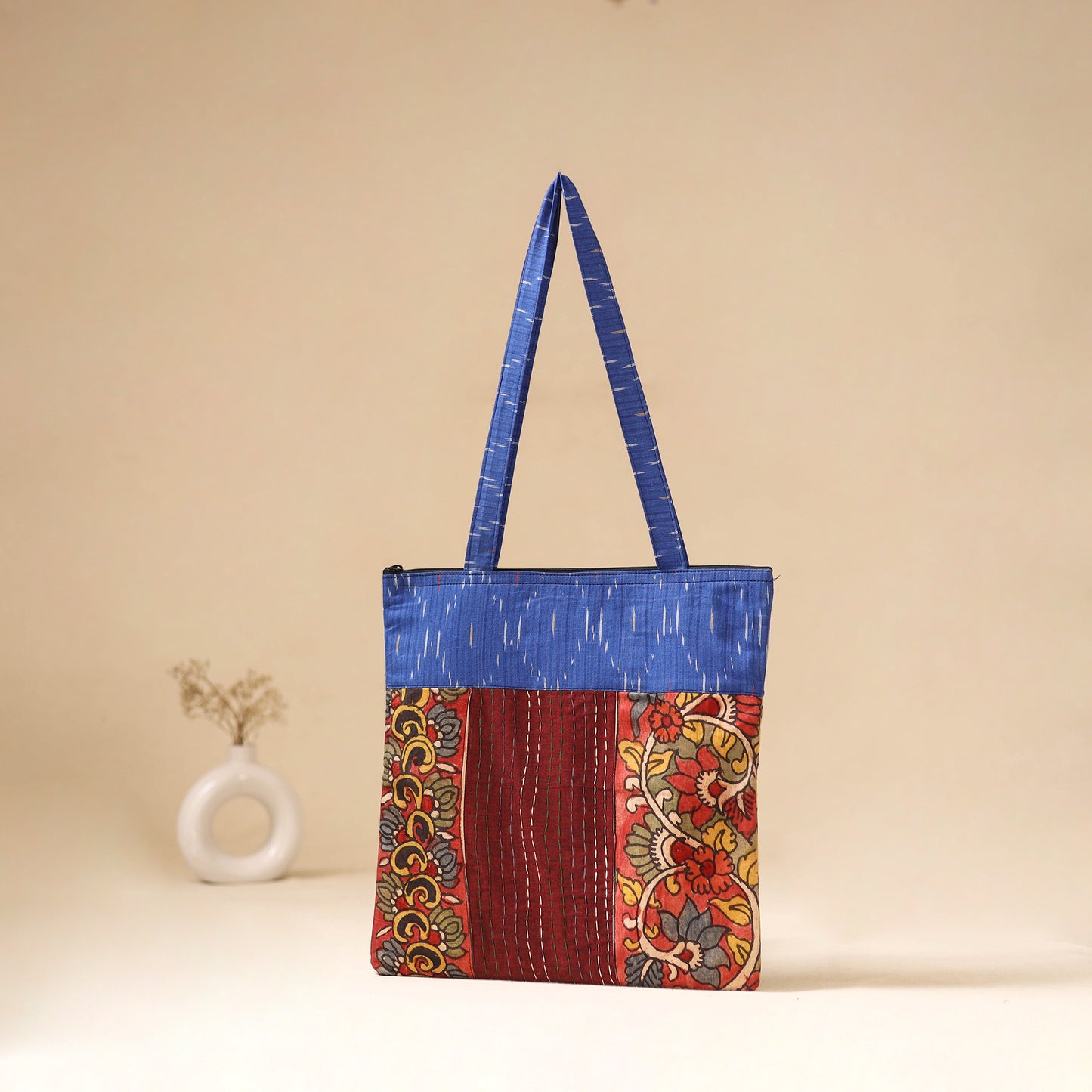 Srikalahasti Handpainted Kalamkari Ikat Patch Shoulder Bag by Dwarka Plus 50