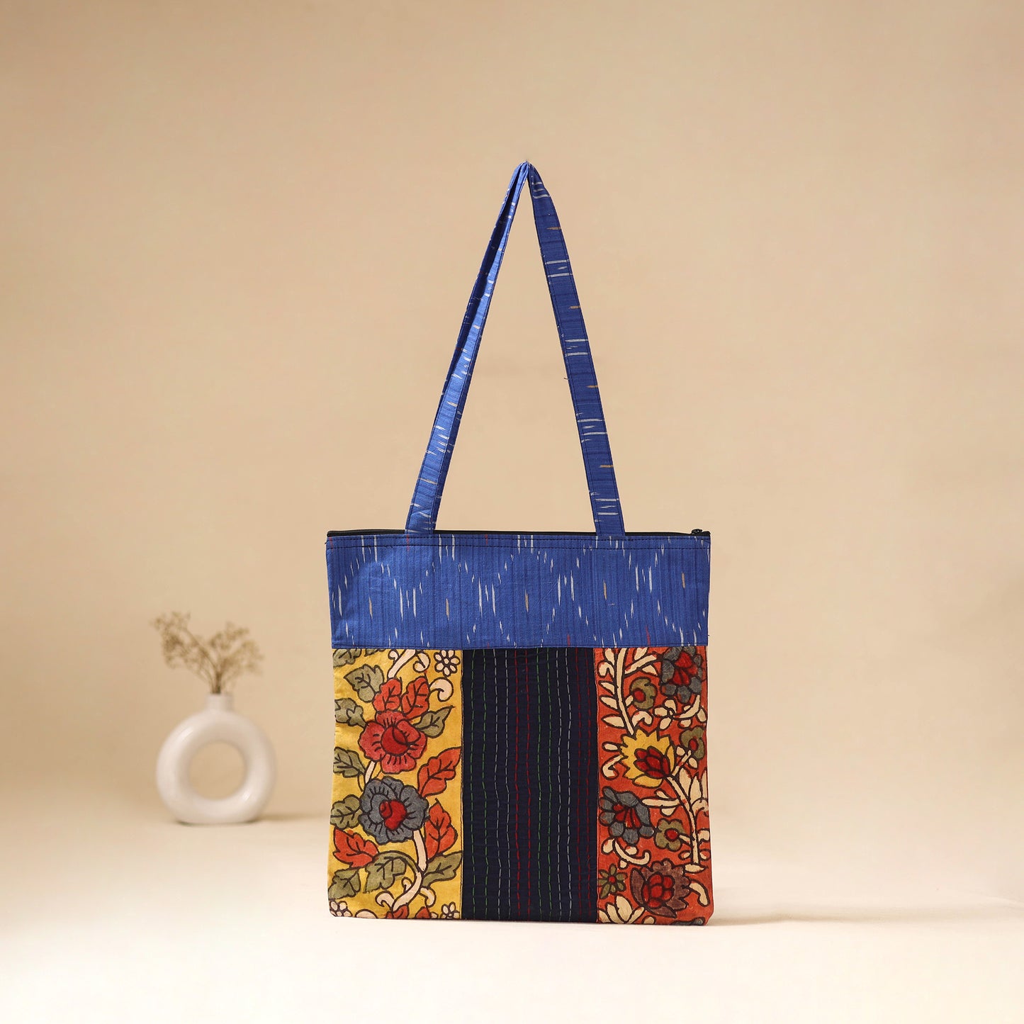Srikalahasti Handpainted Kalamkari Ikat Patch Shoulder Bag by Dwarka Plus 50
