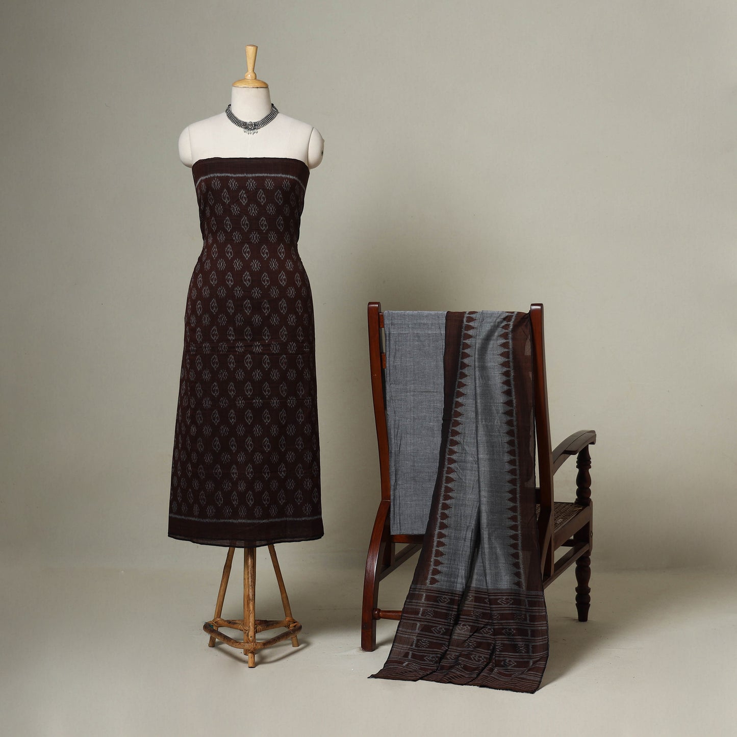 Brown - 3pc handloom cotton unstitched sambalpuri dress