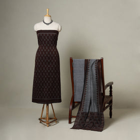 Brown - 3pc handloom cotton unstitched sambalpuri dress