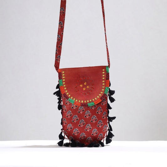 Red - Kutch Leather & Mashru Silk Sling Bag with Tassels 35