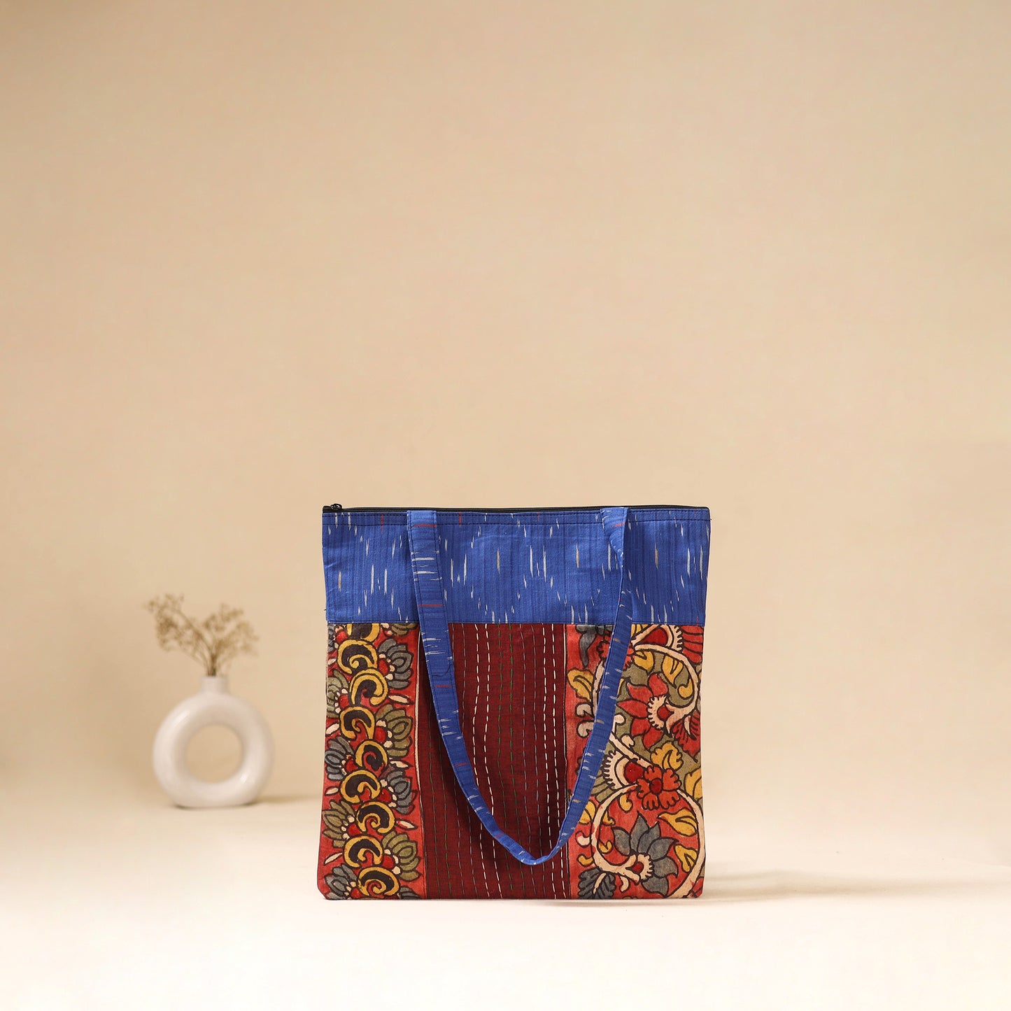Srikalahasti Handpainted Kalamkari Ikat Patch Shoulder Bag by Dwarka Plus 50