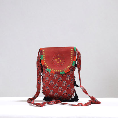 Red - Kutch Leather & Mashru Silk Sling Bag with Tassels 35
