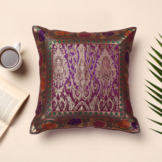 Purple - Banarasi Handwoven Silk Zari Cushion Cover (16 x 16 in)