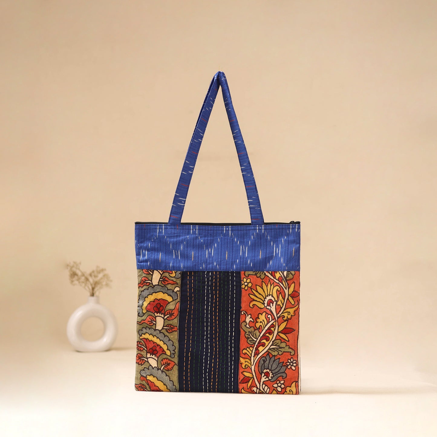 Srikalahasti Handpainted Kalamkari Ikat Patch Shoulder Bag by Dwarka Plus 51