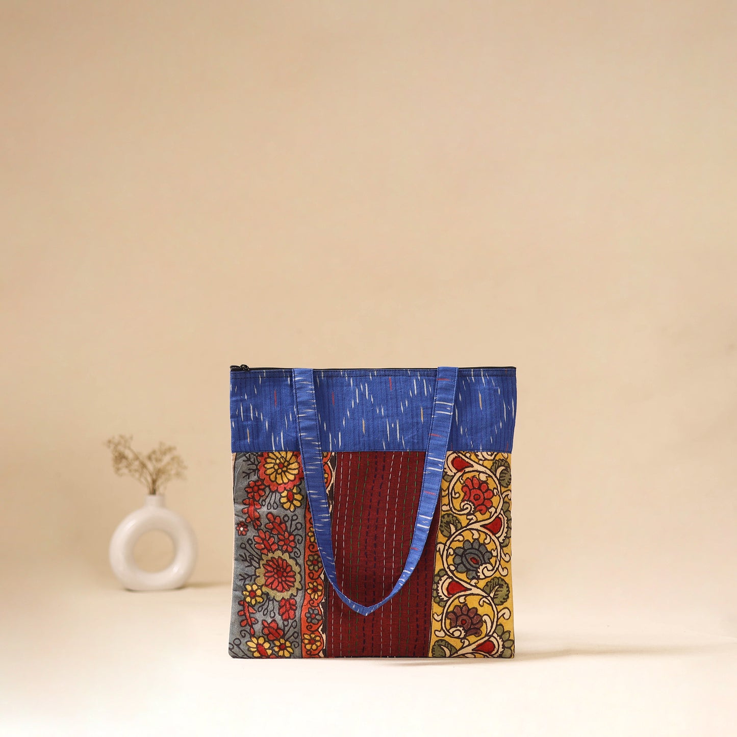Srikalahasti Handpainted Kalamkari Ikat Patch Shoulder Bag by Dwarka Plus 51