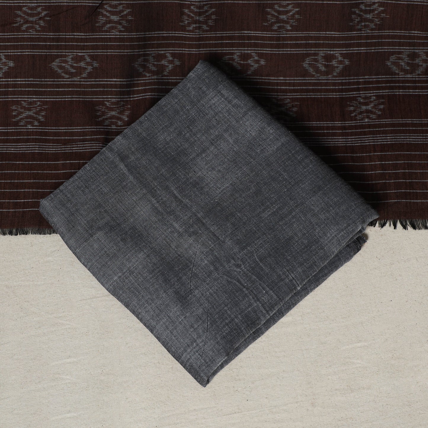 Brown - 3pc handloom cotton unstitched sambalpuri dress