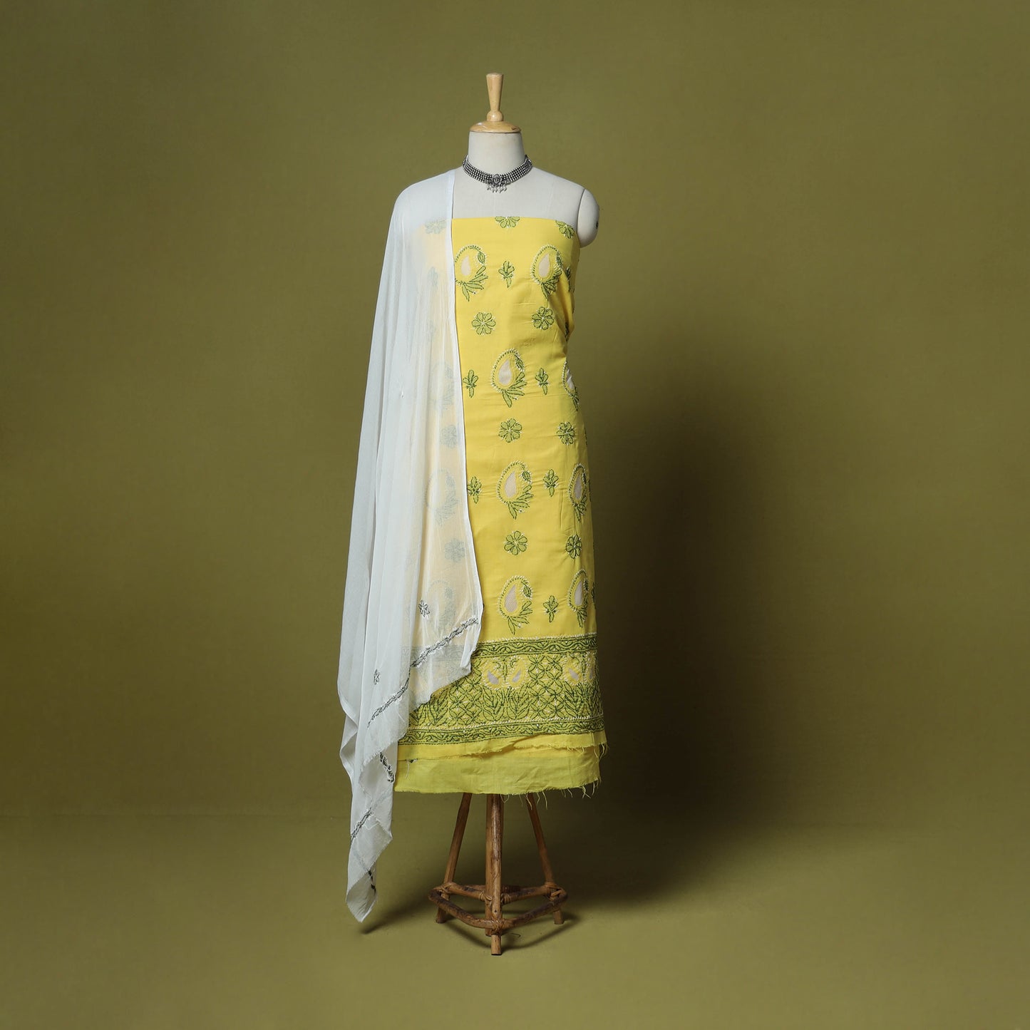 Yellow - 3pc hand embroidery cotton lucknow chikankari