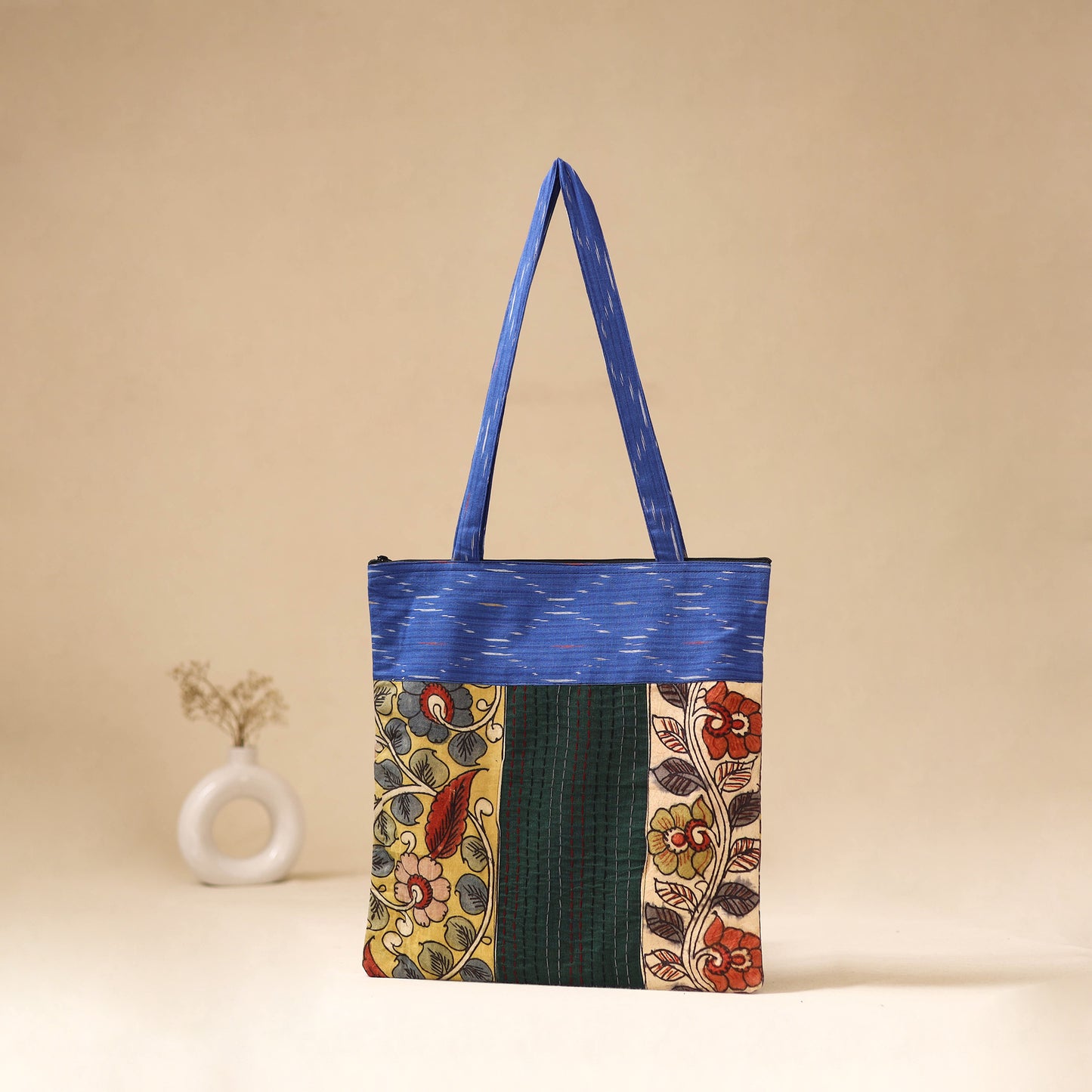 Srikalahasti Handpainted Kalamkari Ikat Patch Shoulder Bag by Dwarka Plus 52