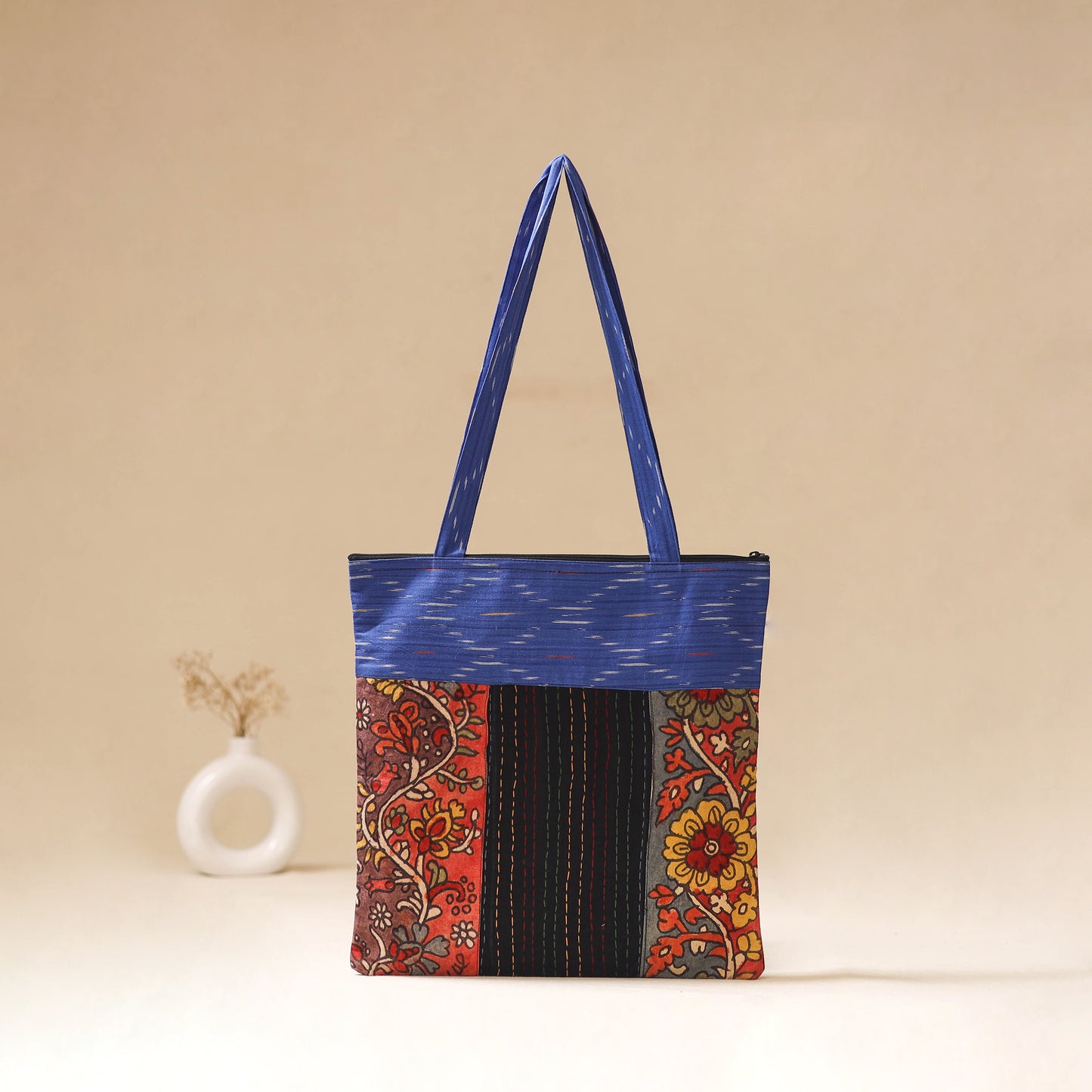 Srikalahasti Handpainted Kalamkari Ikat Patch Shoulder Bag by Dwarka Plus 52