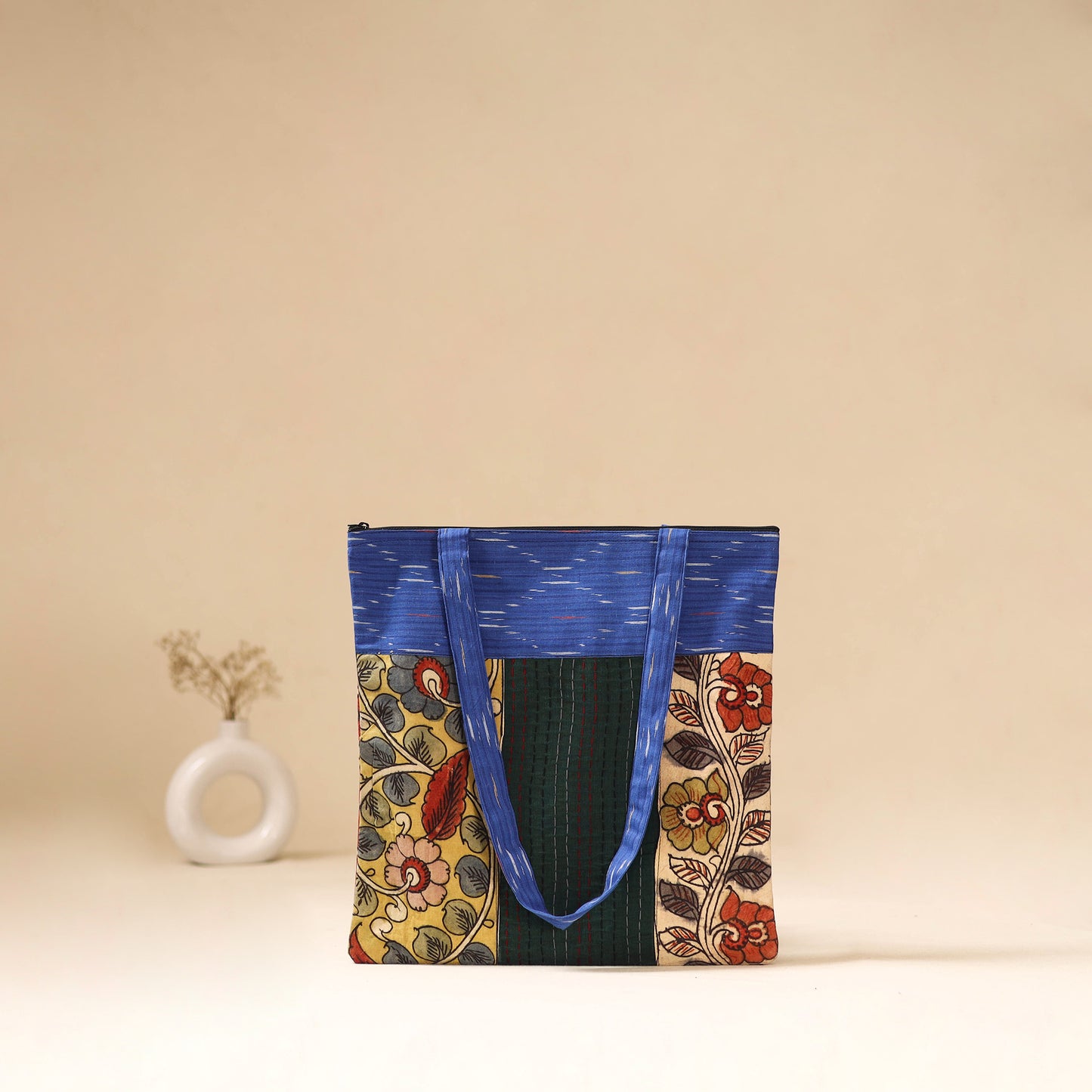 Srikalahasti Handpainted Kalamkari Ikat Patch Shoulder Bag by Dwarka Plus 52