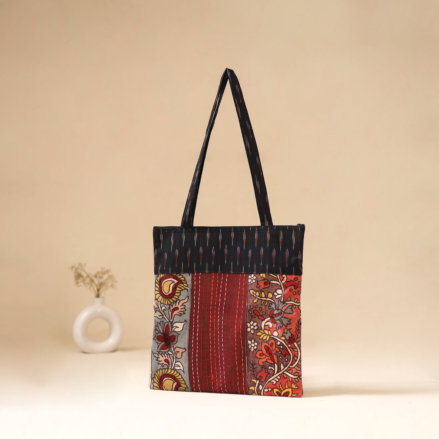 Srikalahasti Handpainted Kalamkari Ikat Patch Shoulder Bag by Dwarka Plus 53