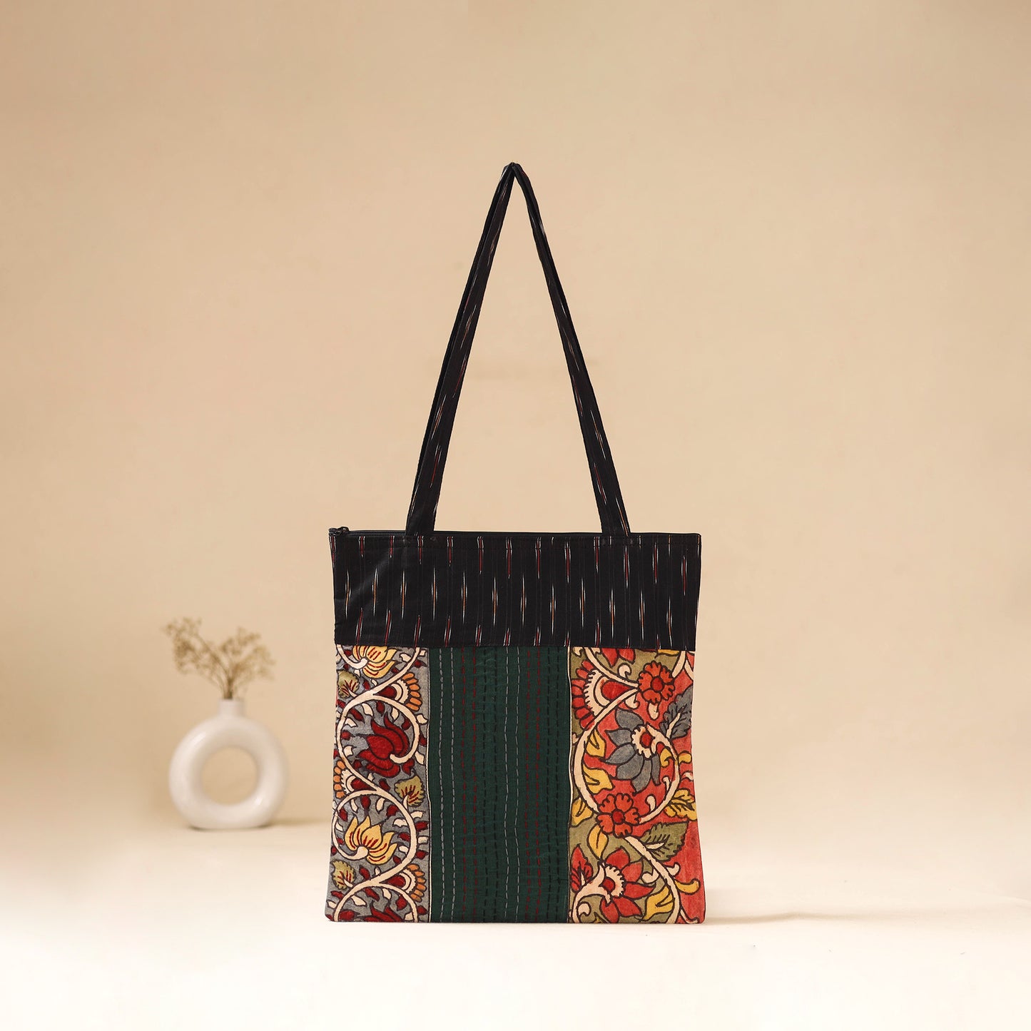 Srikalahasti Handpainted Kalamkari Ikat Patch Shoulder Bag by Dwarka Plus 53
