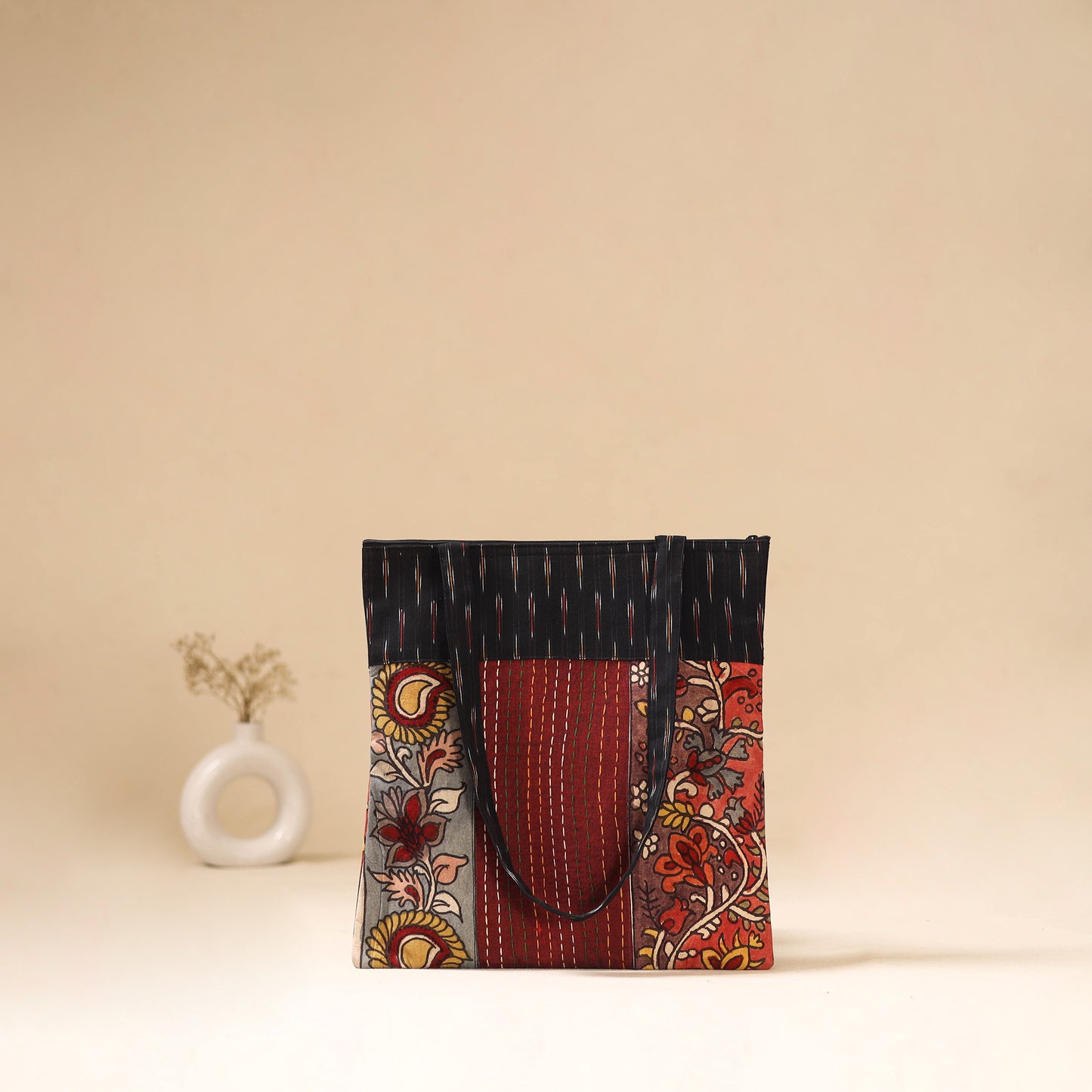 Srikalahasti Handpainted Kalamkari Ikat Patch Shoulder Bag by Dwarka Plus 53