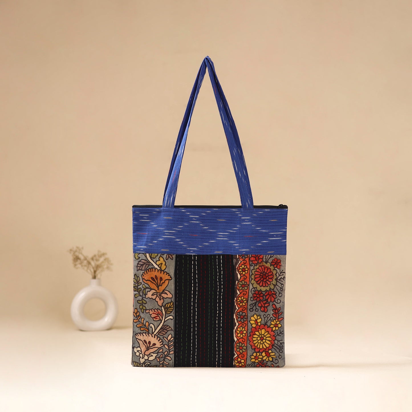 Srikalahasti Handpainted Kalamkari Ikat Patch Shoulder Bag by Dwarka Plus 54