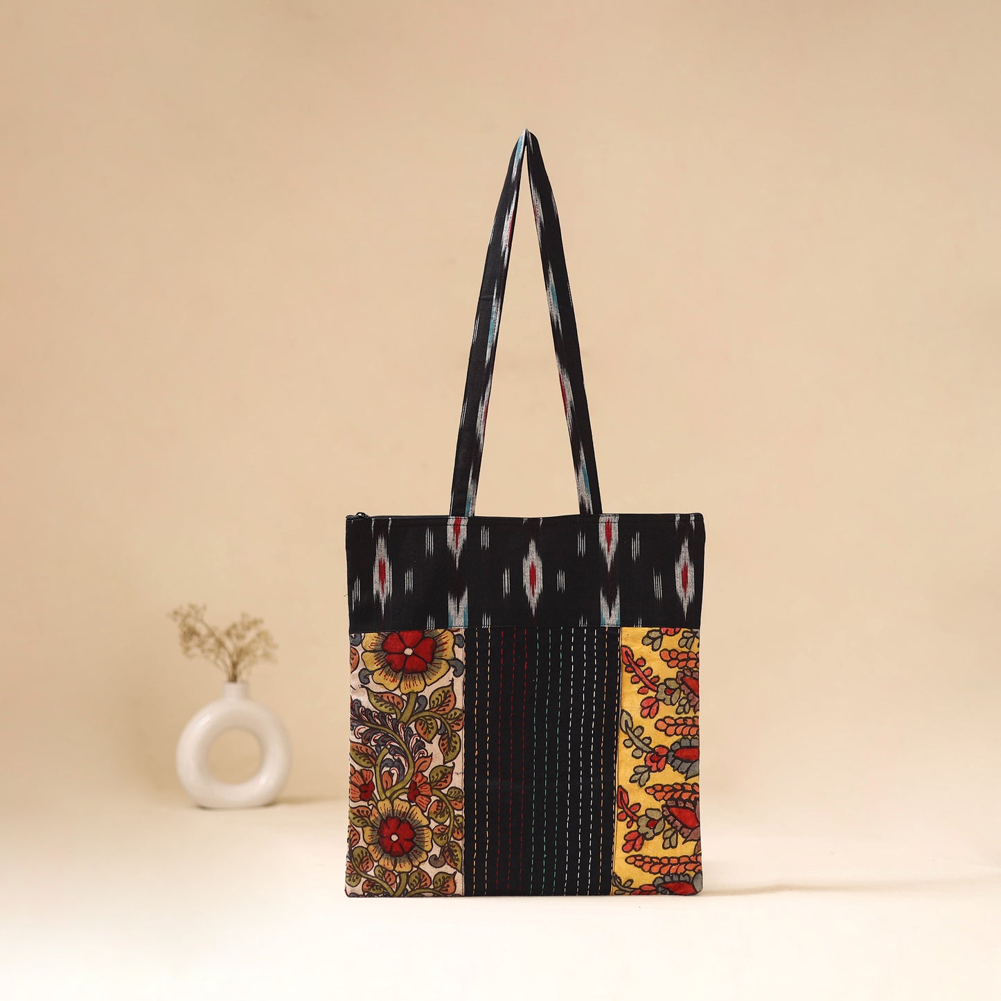 Srikalahasti Handpainted Kalamkari Ikat Patch Shoulder Bag by Dwarka Plus 55