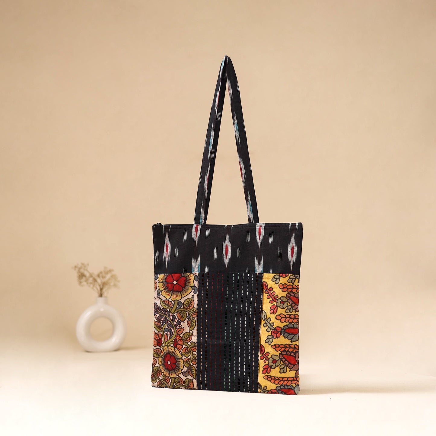 Srikalahasti Handpainted Kalamkari Ikat Patch Shoulder Bag by Dwarka Plus 55