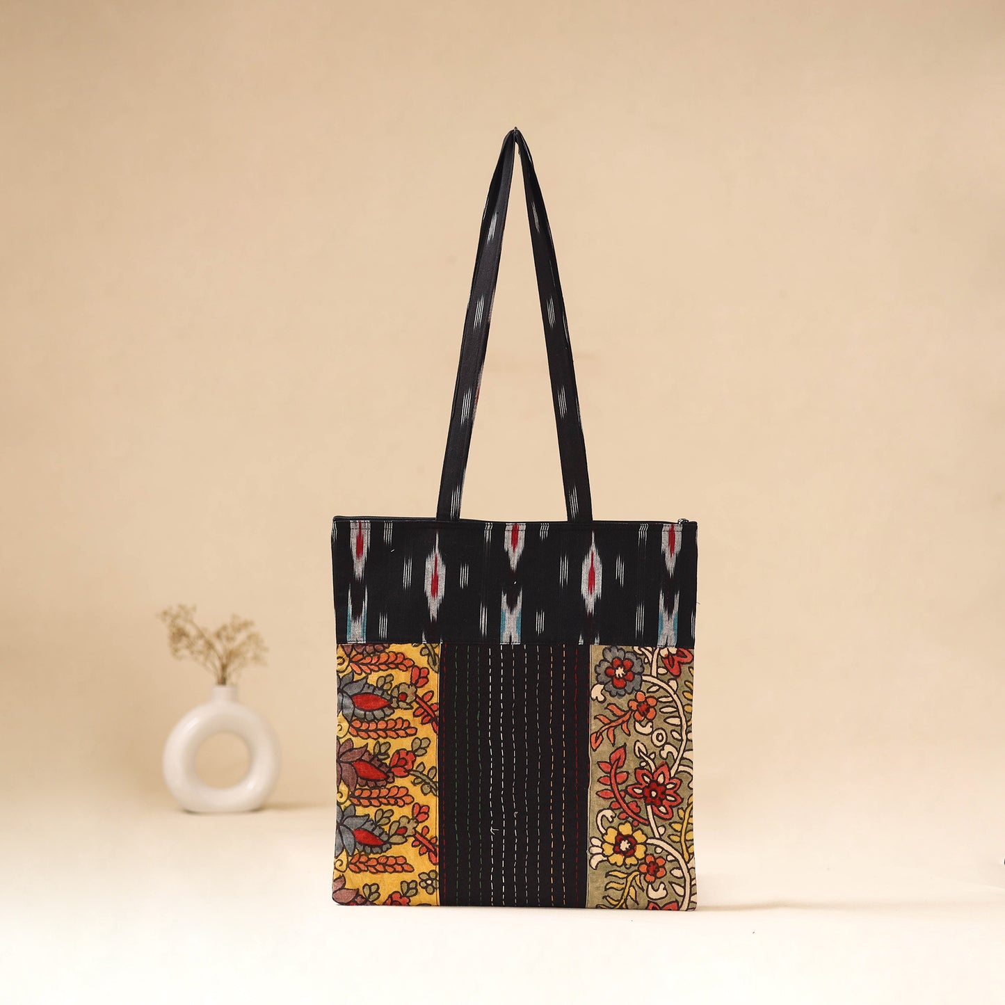 Srikalahasti Handpainted Kalamkari Ikat Patch Shoulder Bag by Dwarka Plus 55