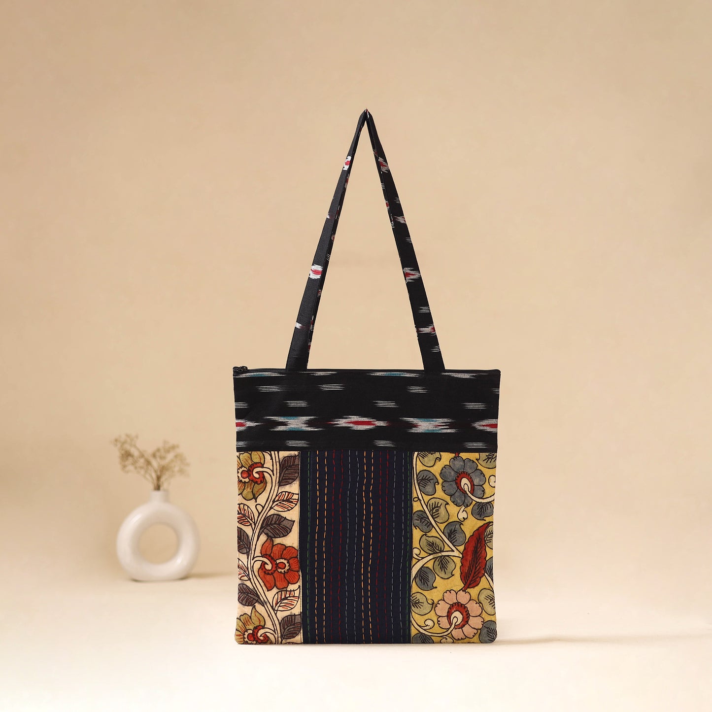 Srikalahasti Handpainted Kalamkari Ikat Patch Shoulder Bag by Dwarka Plus 56