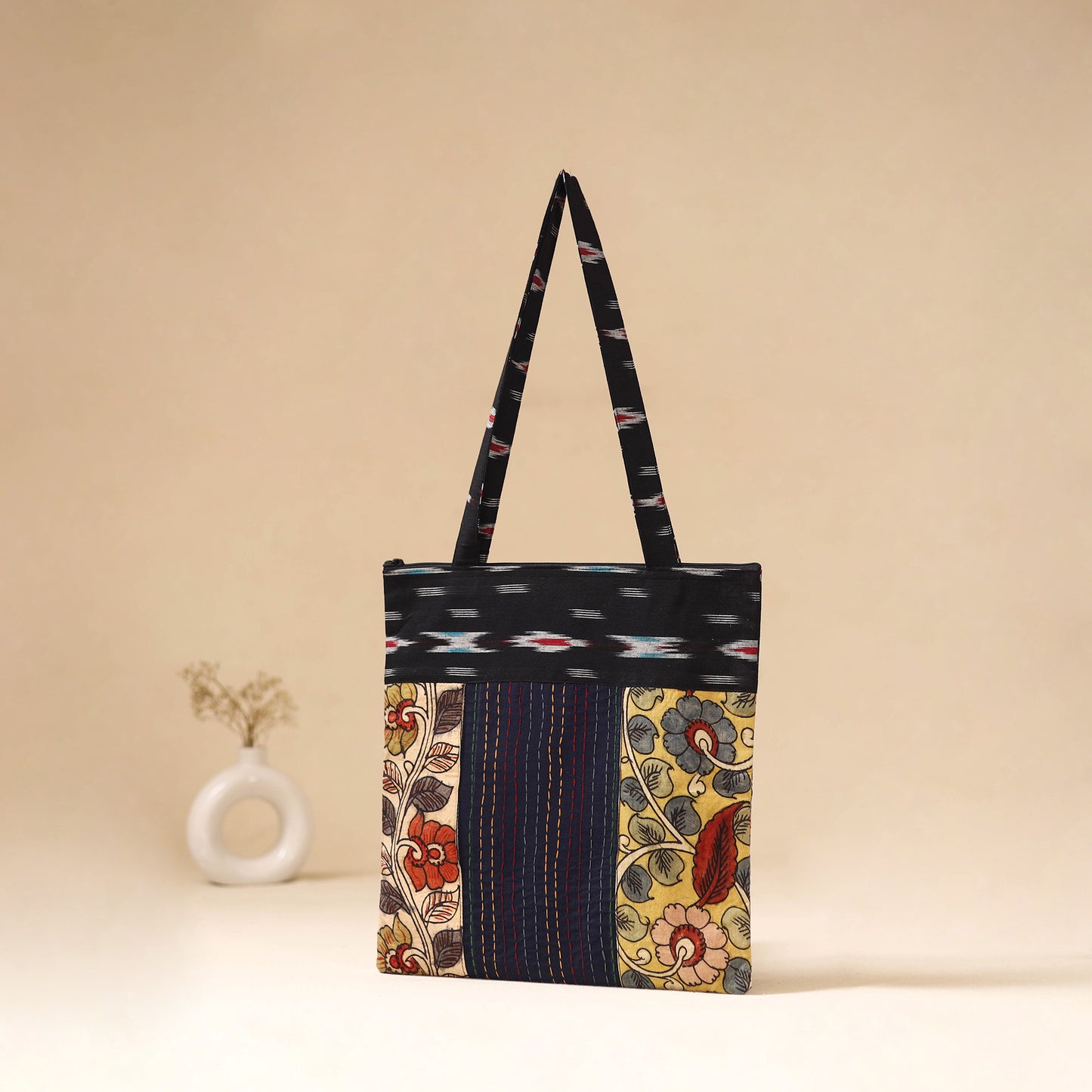Srikalahasti Handpainted Kalamkari Ikat Patch Shoulder Bag by Dwarka Plus 56