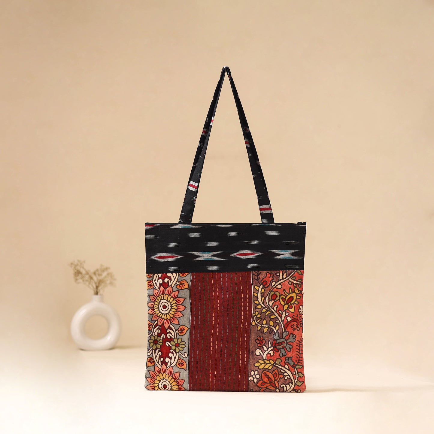 Srikalahasti Handpainted Kalamkari Ikat Patch Shoulder Bag by Dwarka Plus 56