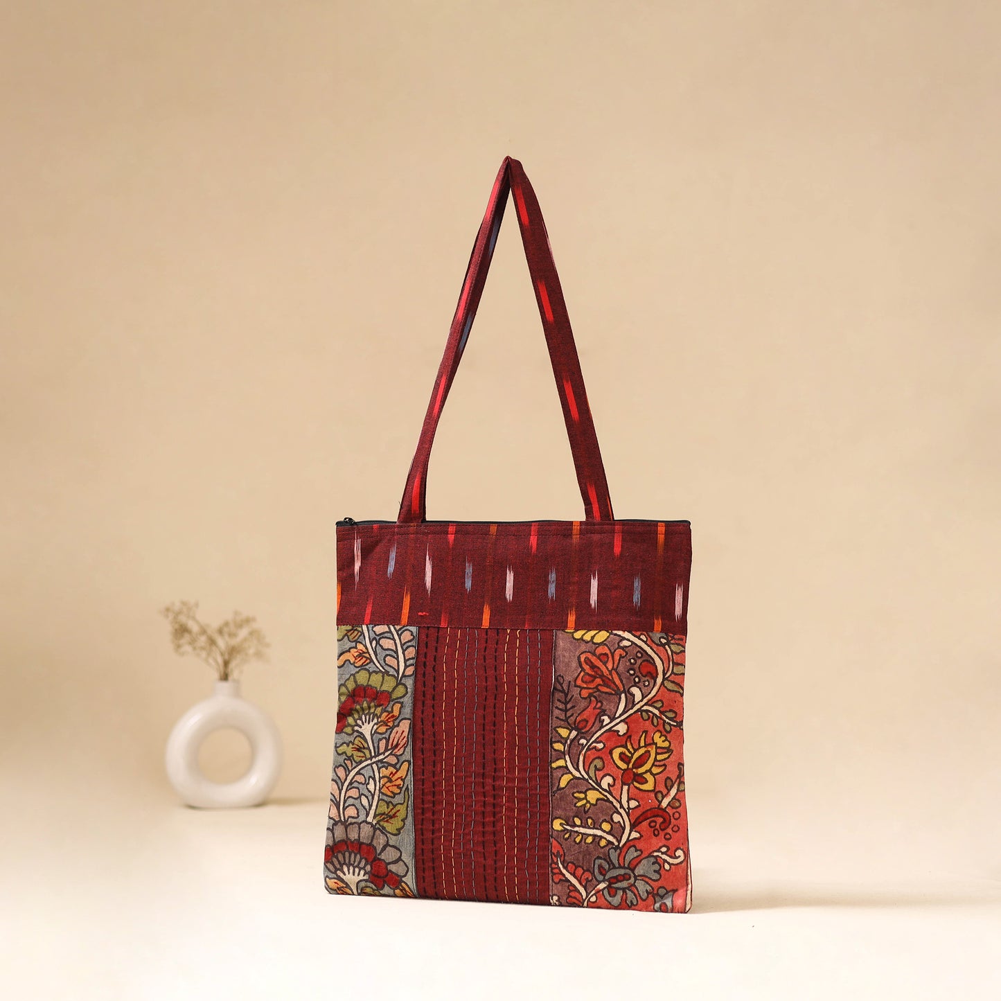 Srikalahasti Handpainted Kalamkari Ikat Patch Shoulder Bag by Dwarka Plus 57