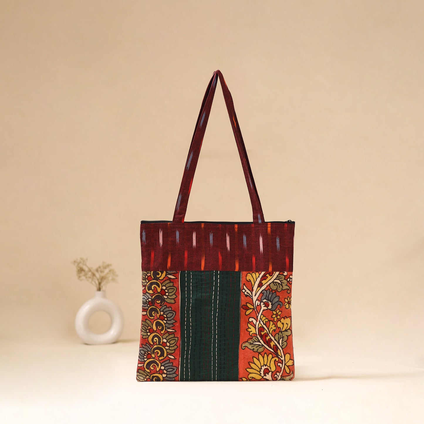 Srikalahasti Handpainted Kalamkari Ikat Patch Shoulder Bag by Dwarka Plus 57