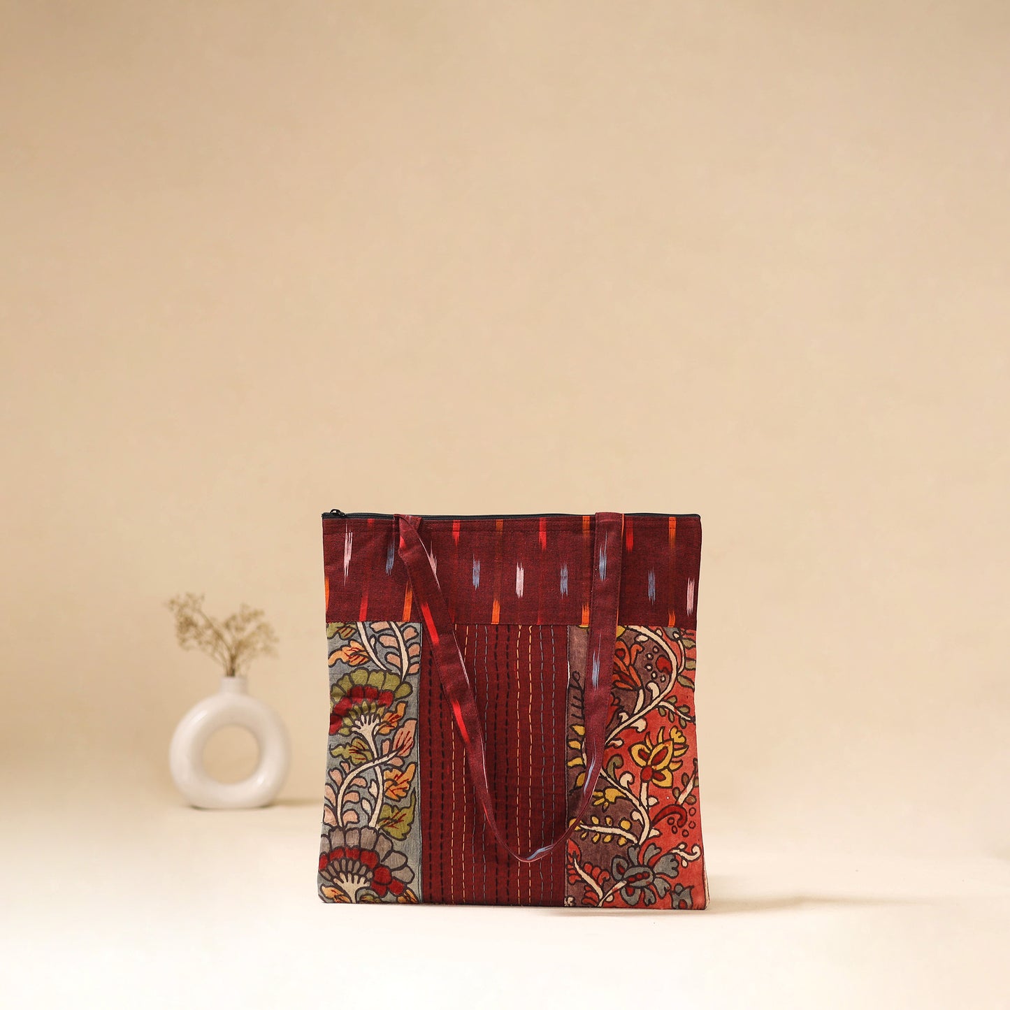 Srikalahasti Handpainted Kalamkari Ikat Patch Shoulder Bag by Dwarka Plus 57