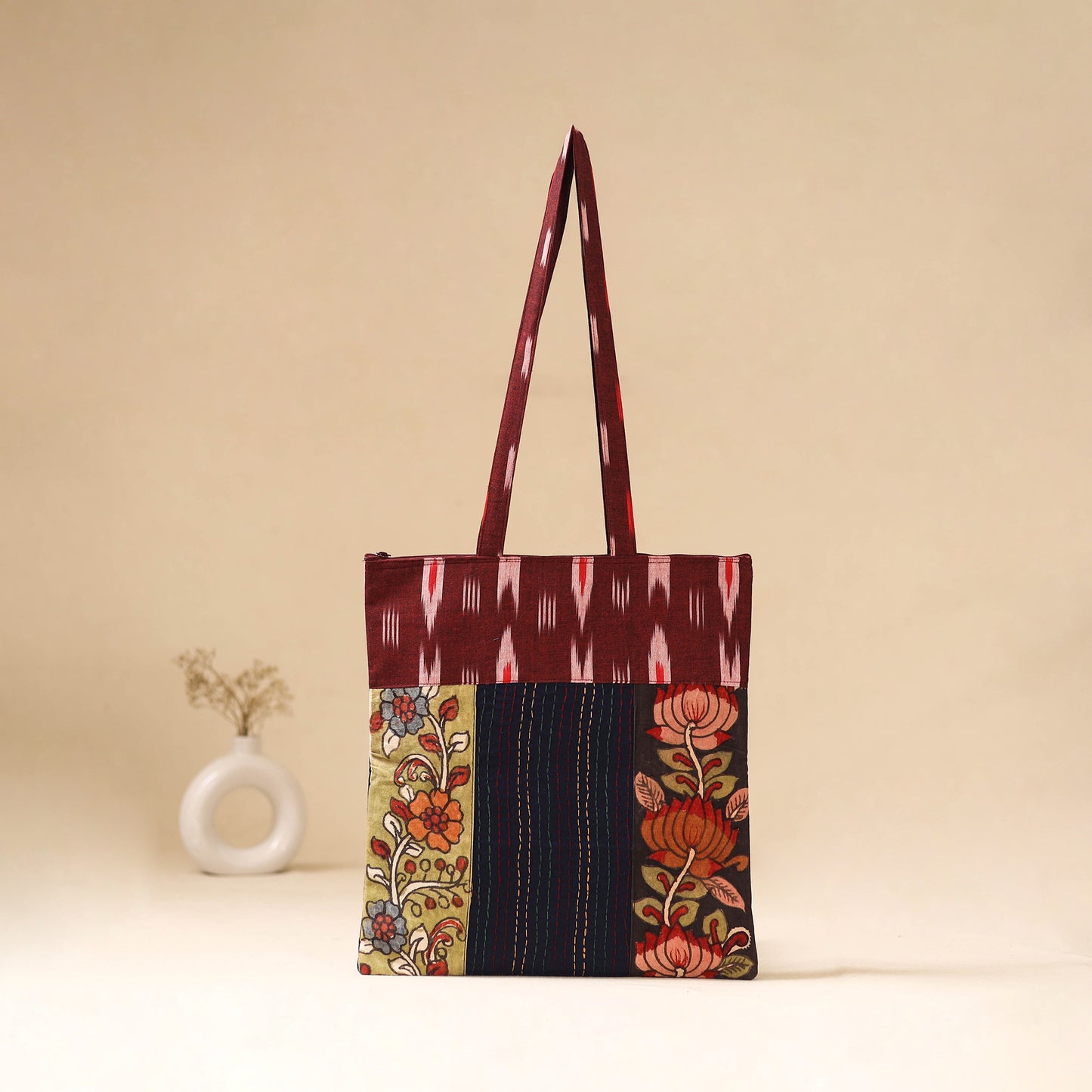 Srikalahasti Handpainted Kalamkari Ikat Patch Shoulder Bag by Dwarka Plus 59