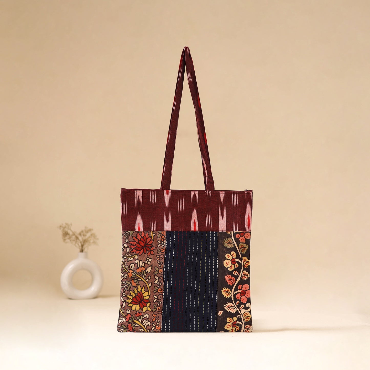 Srikalahasti Handpainted Kalamkari Ikat Patch Shoulder Bag by Dwarka Plus 59