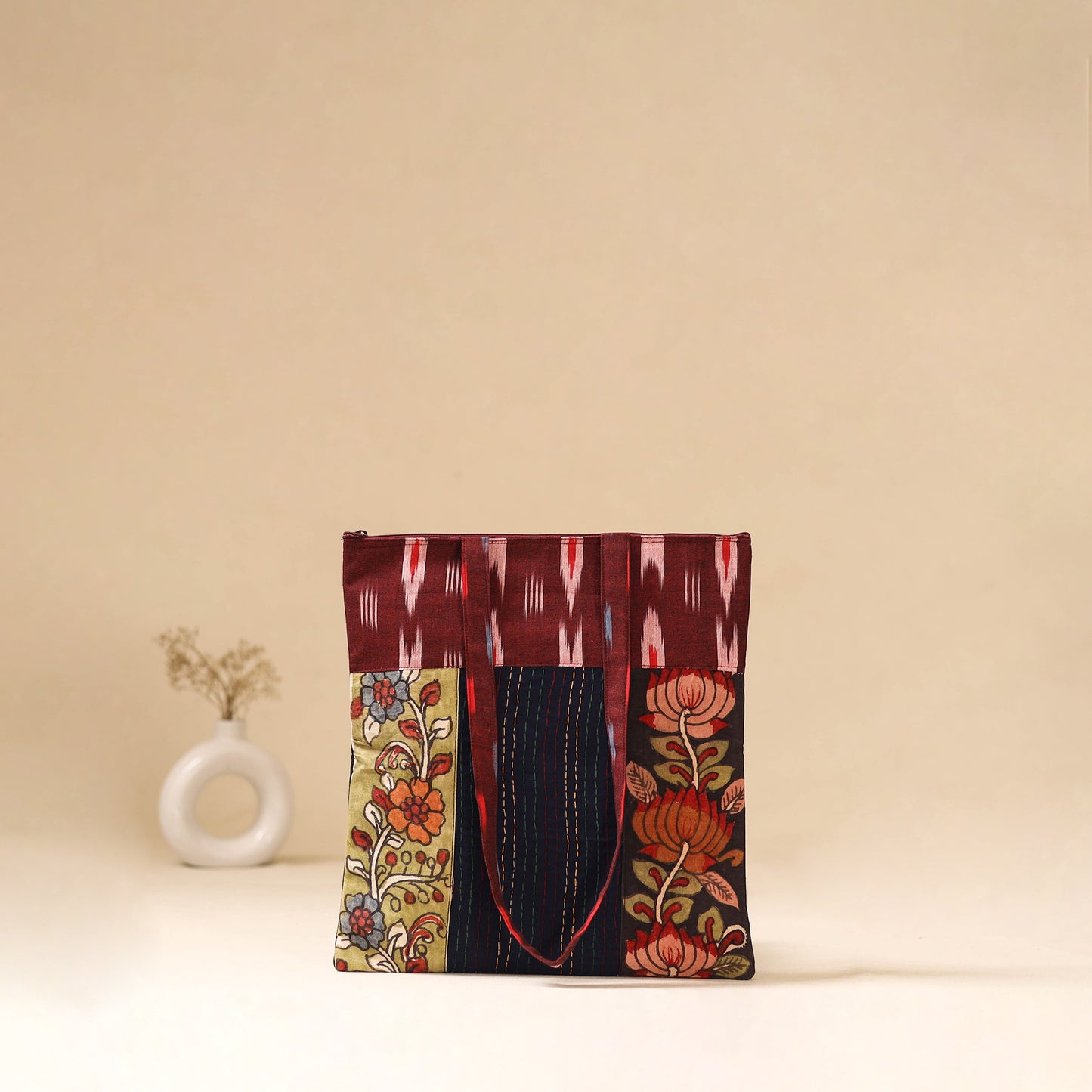 Srikalahasti Handpainted Kalamkari Ikat Patch Shoulder Bag by Dwarka Plus 59