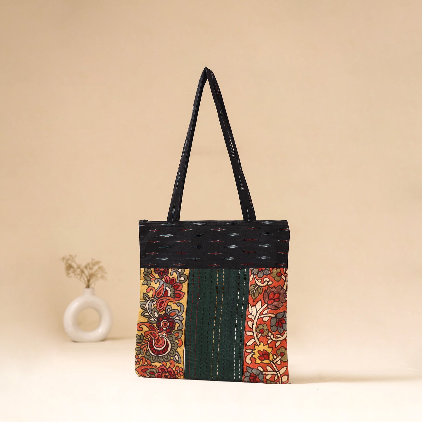 Srikalahasti Handpainted Kalamkari Ikat Patch Shoulder Bag by Dwarka Plus 60