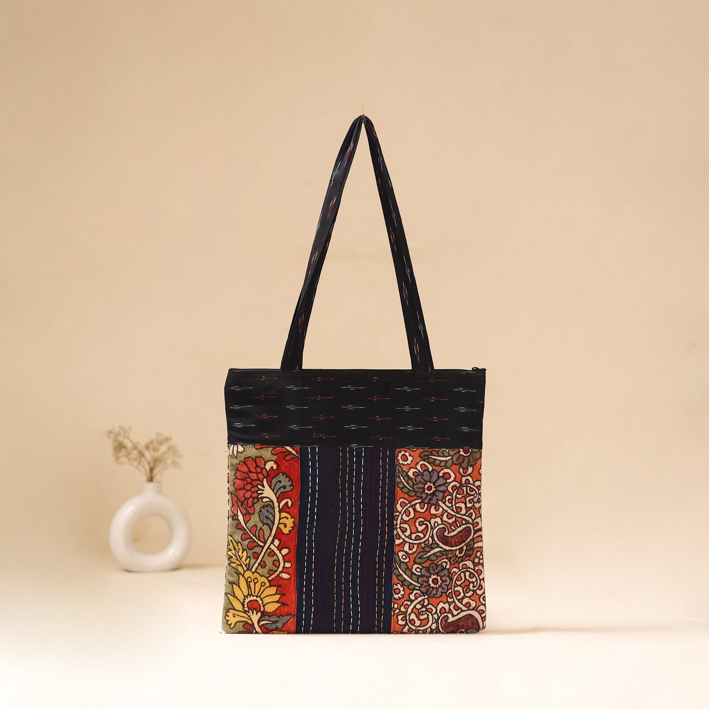 Srikalahasti Handpainted Kalamkari Ikat Patch Shoulder Bag by Dwarka Plus 60