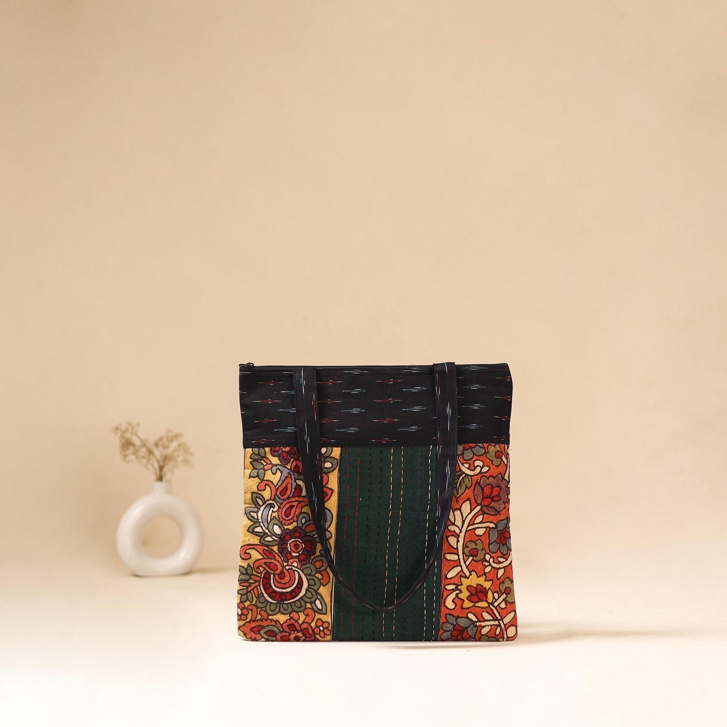 Srikalahasti Handpainted Kalamkari Ikat Patch Shoulder Bag by Dwarka Plus 60
