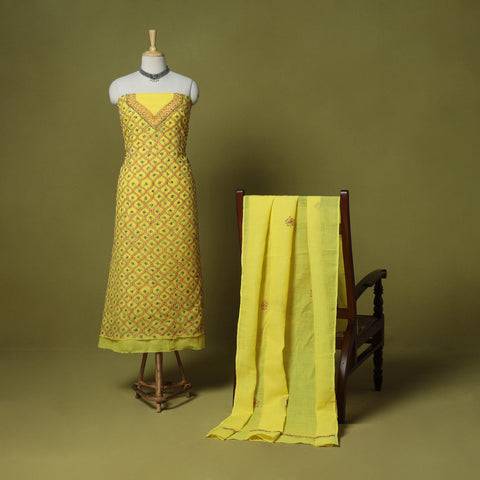 Yellow - 3pc hand embroidery cotton lucknow chikankari