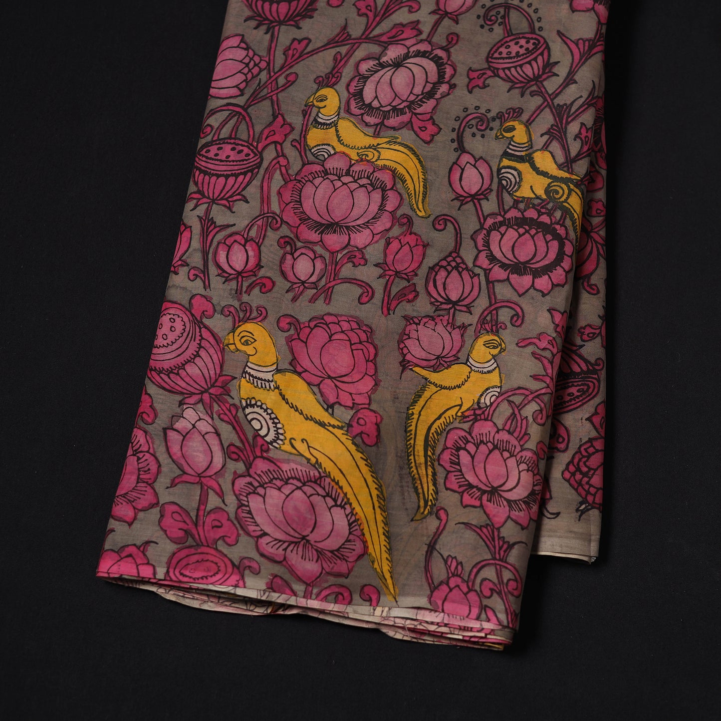Pink - Handpainted Srikalahasti Silk Cotton Pen Kalamkari Fabric 01