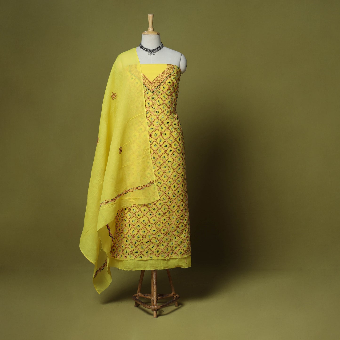 Yellow - 3pc hand embroidery cotton lucknow chikankari