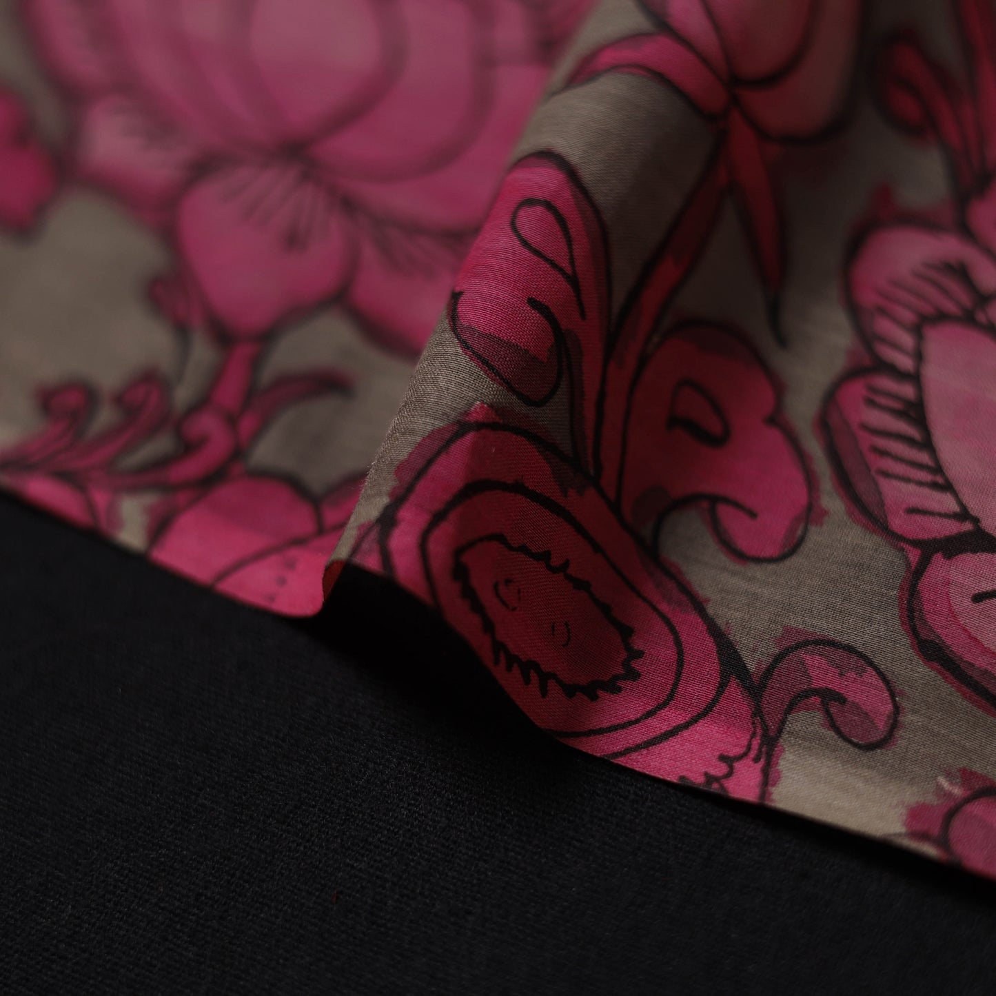 Pink - Handpainted Srikalahasti Silk Cotton Pen Kalamkari Fabric 01