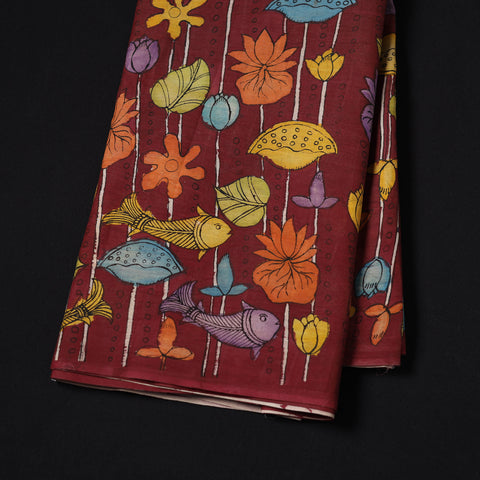 Maroon - Handpainted Srikalahasti Silk Cotton Pen Kalamkari Fabric 03