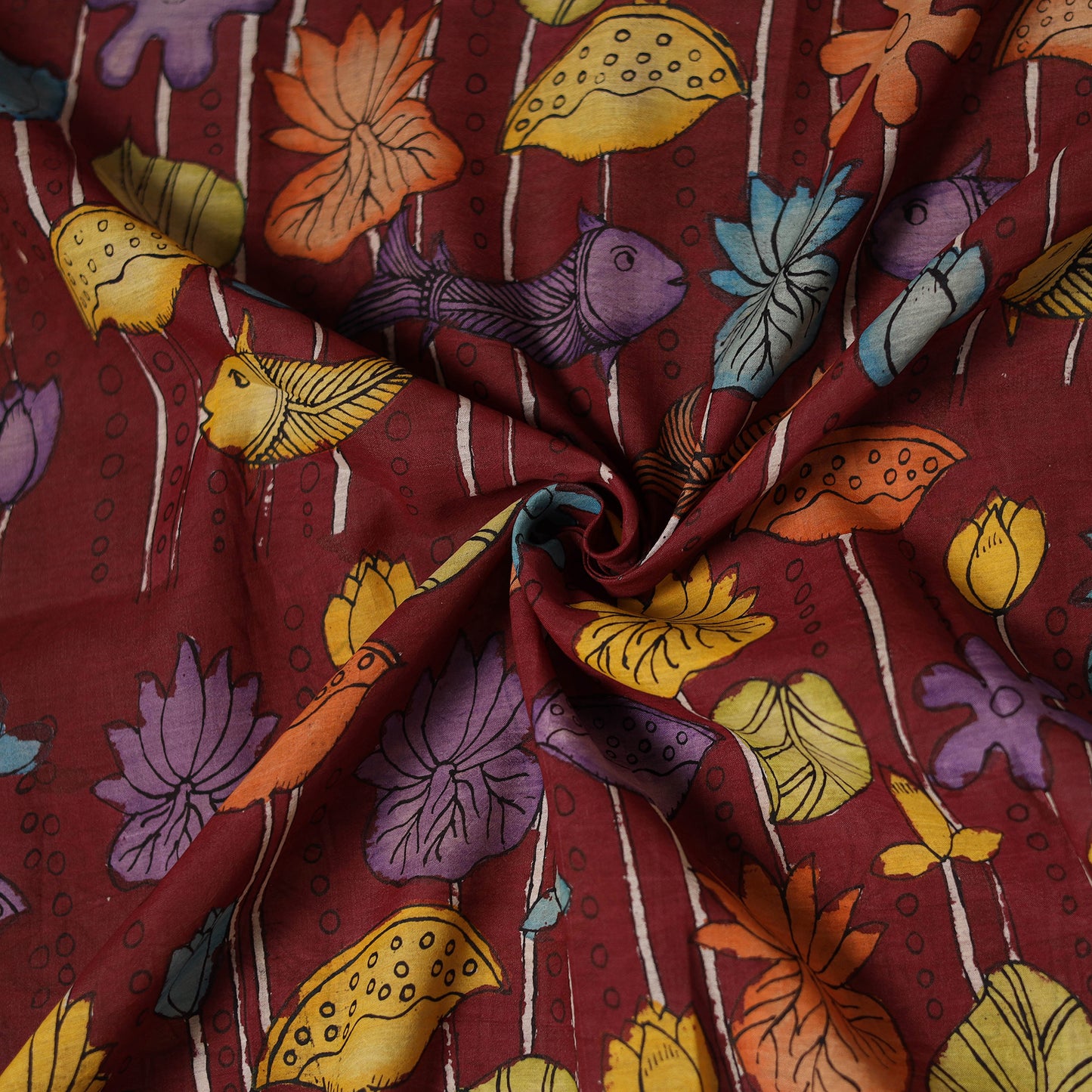 Maroon - Handpainted Srikalahasti Silk Cotton Pen Kalamkari Fabric 03