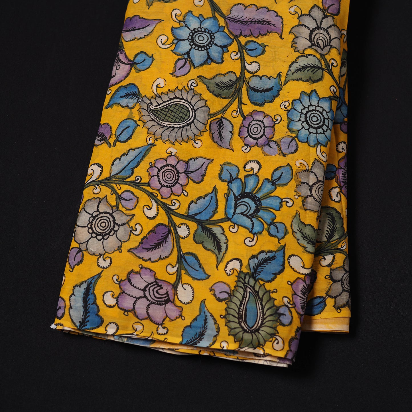 Yellow - Handpainted Srikalahasti Silk Cotton Pen Kalamkari Fabric 07