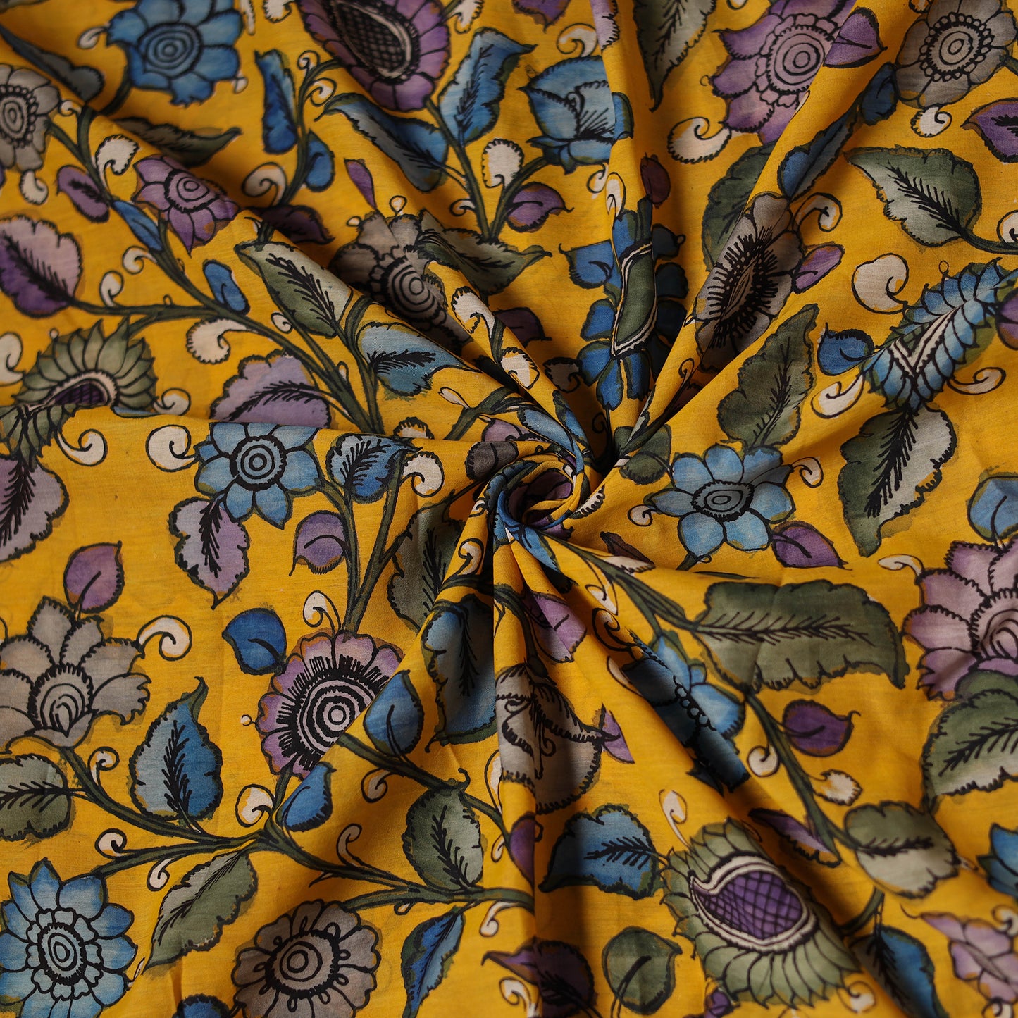 Yellow - Handpainted Srikalahasti Silk Cotton Pen Kalamkari Fabric 07