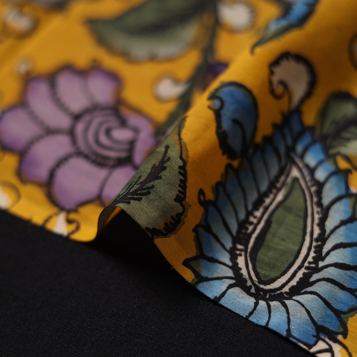 Yellow - Handpainted Srikalahasti Silk Cotton Pen Kalamkari Fabric 07
