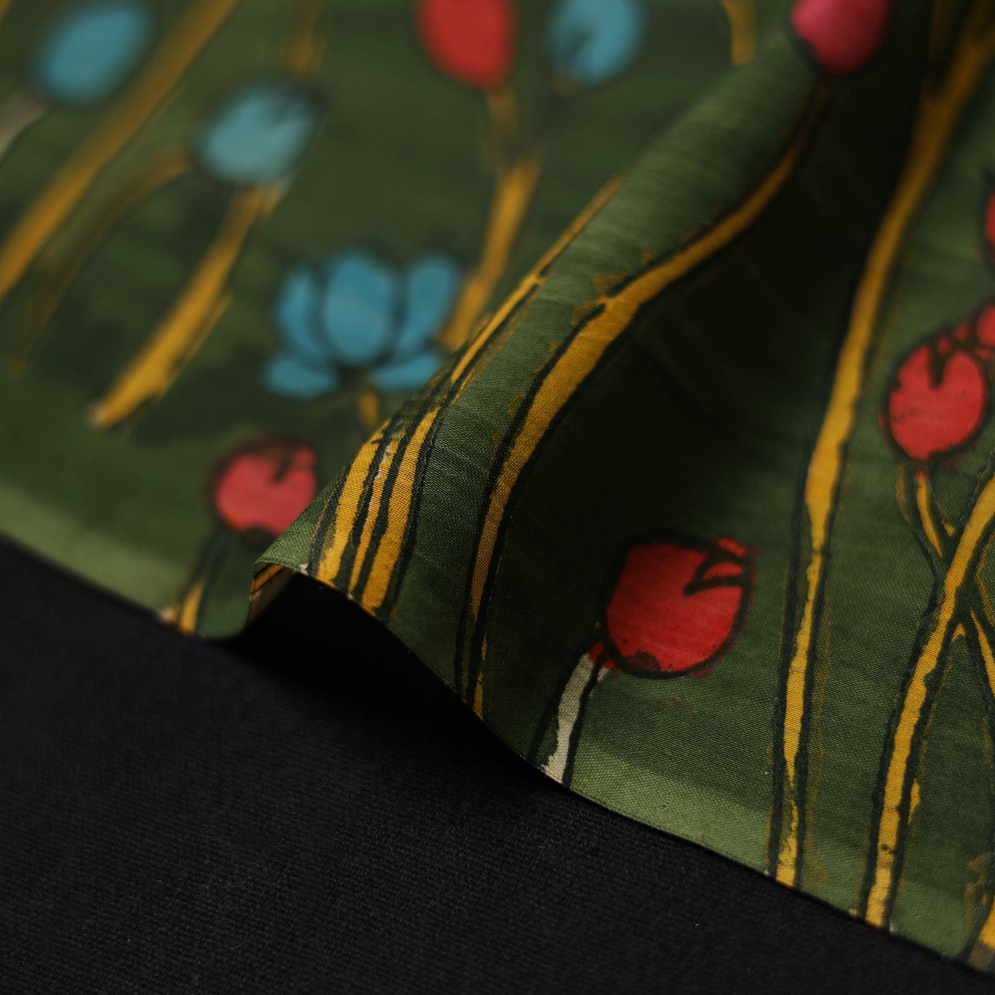 Green - Handpainted Srikalahasti Silk Cotton Pen Kalamkari Fabric 08