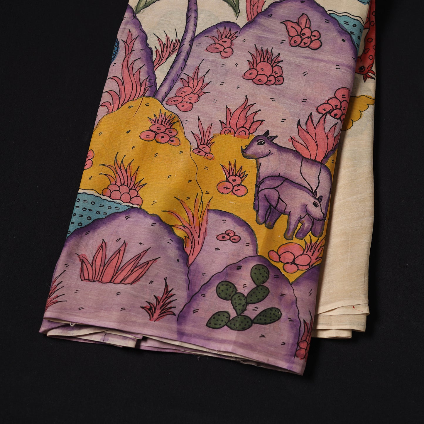 Purple - Handpainted Srikalahasti Silk Cotton Pen Kalamkari Fabric 09