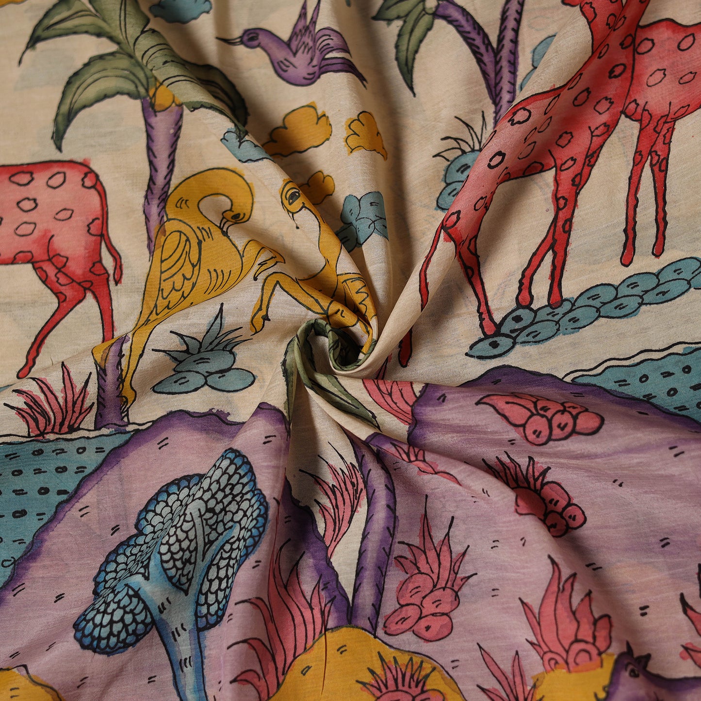 Purple - Handpainted Srikalahasti Silk Cotton Pen Kalamkari Fabric 09